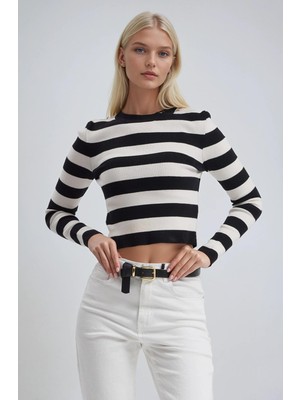 Lijuri Çizgili Desen Crop Triko Kazak 1400