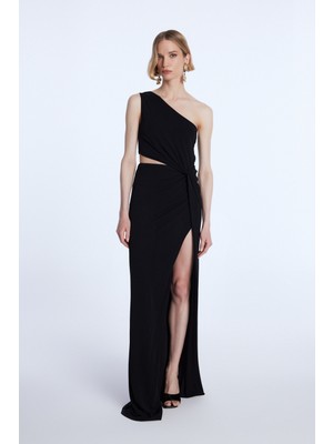 adL Asimetrik Uzun Örme Elbise Siyah 12443919000