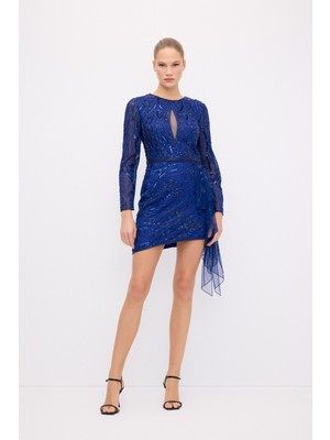 Boncuk Işlemeli Asimetrik Elbise Saks 12444626000