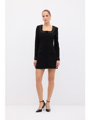 adL Kare Yaka Mini Elbise Siyah 12443350001