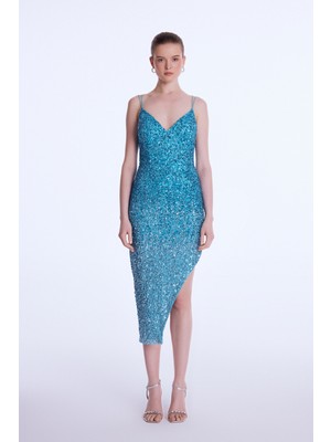 Asimetrik Mini  Elbise Turkuaz 12443327000