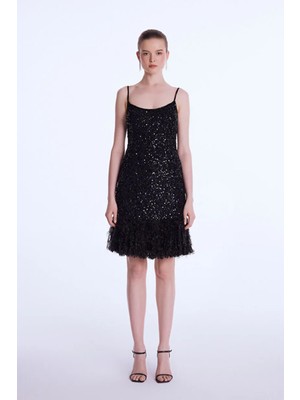 adL Püskül Detaylı  Mini Elbise Siyah 12443326000