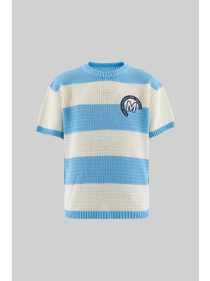 Machinist Erkek M Logo Nakışlı Triko Tişört Bebek Mavi-Ekru