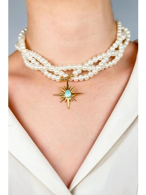 Sose Moda Turkuaz Mineli Kuzey Yıldızı Uçlu Sarmal Incili Kolye - Beyaz