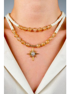 Sose Moda Kuzey Yıldızı Uçlu Çift Sıra Incili Kolye - Turuncu