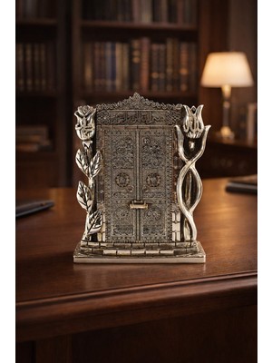 Home Dekor Hediye Taş Işlemeli Gümüş Biblo Allah & Muhammed (S.a.v) Kâbe Kapısı taşlı Figürlü Masa Üstü Biblo 25 cm