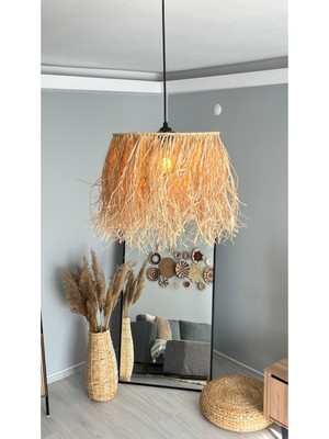 PremiumPort El Yapımı Hasır Saçaklı Rafya Avize, Bohem Salon ve Balkon Aydınlatması