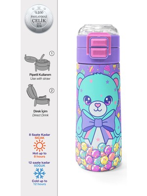Coral High Kids Milka Şeker Ayıcık Desenli Pipetli ve Direkt Içim Çelik Termos 500 ml 38105