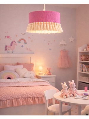 Livadesign7 El Yapımı Fuşya Püsküllü Avize | Modern & Doğal Tasarım | Çocuk Odası