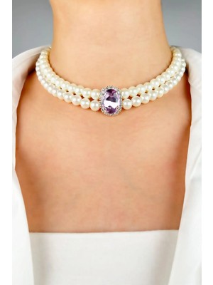 Sose Moda Kristal Uçlu Inci Choker Kolye - Mor