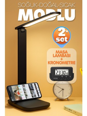PremiumPort Iki Parçalı Şarjlı Masa Lambası ve Öğrenci Saati Seti, Ayarlı Mod Tasarımı