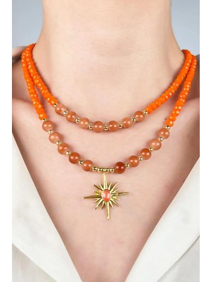 Sose Moda Kuzey Yıldızı Uçlu Iki Sıra Dorikalı Inci Kolye - Turuncu