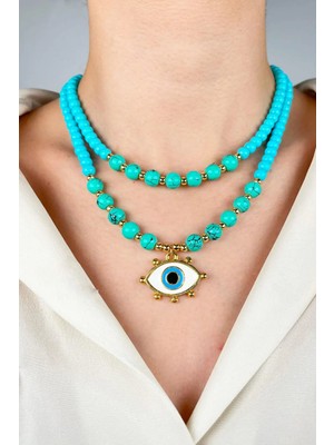 Sose Moda Göz Uçlu Turkuaz Boncuk Çift Sıra Kolye - Turkuaz