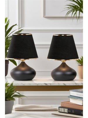 PremiumPort 2'li Metal Gövde Masa Abajur, Kumaş Başlıklı Aydınlatma Seti