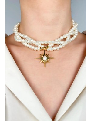 Sose Moda Beyaz Mineli Kuzey Yıldızı Uçlu Sarmal Incili Kolye - Beyaz