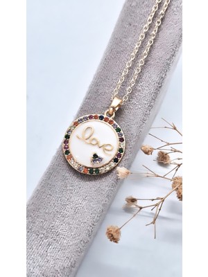 Serenity Love Yazılı Renkli Zirkon Taşlı Mineli Çelik Kolye
