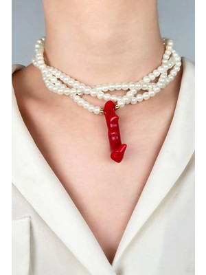 Sose Moda Mercan Uçlu Sarmal Incili Kolye - Beyaz