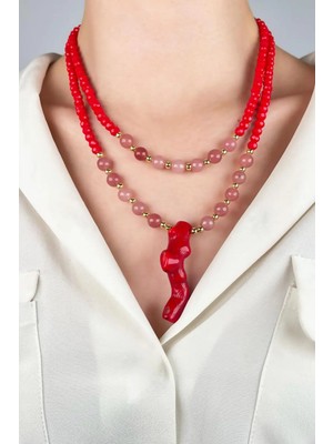 Sose Moda Mercan Uçlu Iki Sıra Doğal Taş Kolye - Kırmızı