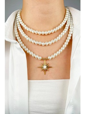 Sose Moda Mineli Kuzey Yıldızlı Üç Sıra Inc Kolye - Beyaz