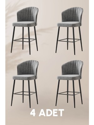 MyMassa Rubi Bar Sandalye - Keten Gri - Siyah Metal Ayak - Bar Taburesi / Bar Sandalyesi (4 Adet)