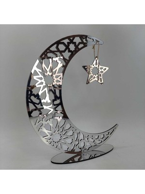PremiumPort Ramazan’a Özel Ahşap Gümüş Pleksi Süsleme ve Dekoratif Hilal