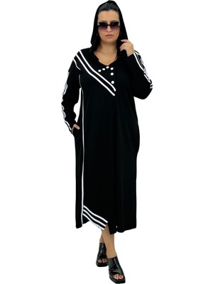 DARKWIN Büyük Beden Kapüşonlu Şerit Detaylı Uzun Kollu V Yaka Cepli Uzun Kadın Elbise