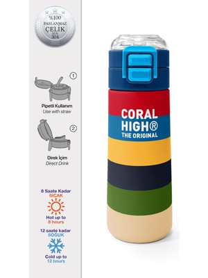 Coral High Kids Çok Renkli Çizgi Desenli Pipetli ve Direkt Içim Çelik Termos 500 ml 38112