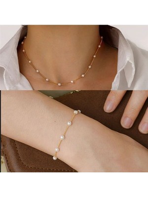 Shiklik 2'li Inci Zincir Kadın Takı Seti Kolye, Bileklik