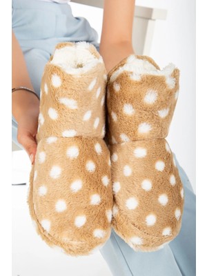 Slipcat Kadın Puantiyeli Ev Botu Vizon Renkli Konforlu Panduf Ayakkabı