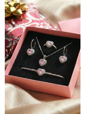 Aurrari Silver Pembe Zirkon Taşlı Kolye Küpe Bileklik Yüzük Seti ve Hediye Kutusu Sevgililer Günü