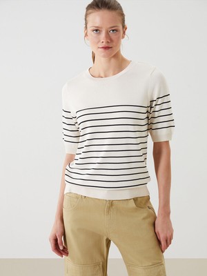 Lc Waikiki Kadın Triko Kazak Ekru Çizgili Bisiklet Yaka Günlük Stil M Beden