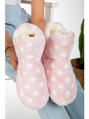 Slipcat Kadın Panduf Ev Ayakkabısı Pudra Renkli Konforlu Puantiyeli Tasarım Ev Botu