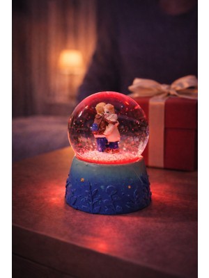 Kesene Sevgiliye Özel Sevimli Sarılan Sevgililer Aşıklar Figürlü 9 cm Işıklı Kar Küresi Dekoratif Hediye