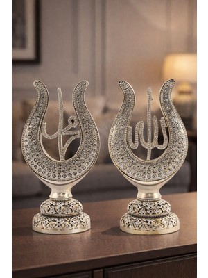 Kesene Taş Işlemeli Gümüş Biblo Allah & Muhammed (S.a.v) Lale Figürlü Taşlı Masa Üstü Biblo 2’li Set 22 cm