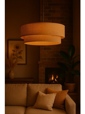 PremiumPort Iki Katlı Doğal Hazeran Rattan Hasır Avize, Şık ve Ferah Aydınlatma