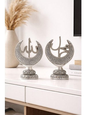 Kesene Taş Işlemeli Gümüş Biblo Allah & Muhammed (S.a.v) Hilal Taşlı Figürlü Masa Üstü Biblo 2’li Set 20 cm
