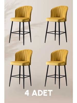 MyMassa Rubi Bar Sandalye - Sarı- Siyah Metal Ayak - Bar Taburesi / Bar Sandalyesi (4 Adet)
