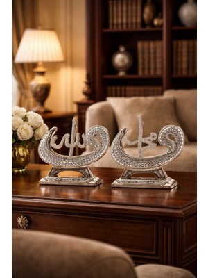 Kesene Taş Işlemeli gümüş Biblo Allah & Muhammed (S.a.v) vav ve Elif Figürlü Masa Üstü Biblo 2’li Set 18 cm