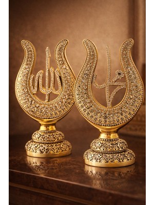 Kesene Taş Işlemeli Gold Biblo Allah & Muhammed (S.a.v) Lale Figürlü Taşlı Masa Üstü Biblo 2’li Set 22 cm