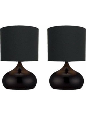 PremiumPort Iki Adet Siyah Kumaş Şapkalı Metal Elips Masa Lambası Seti