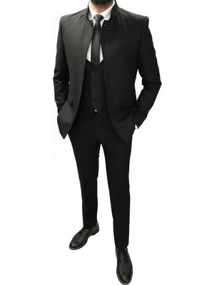 Slimfit Dar Kesim Dik Yaka Yelekli Takım Elbise