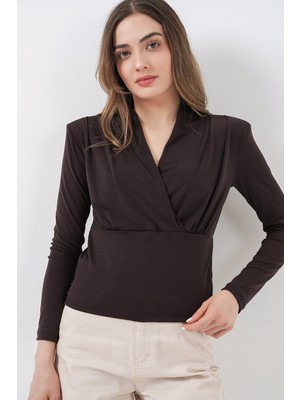 Bigdart Kadın Omuz Vatkalı Kruvaze Yaka Bluz 942 - Kahverengi