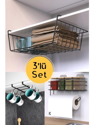 Karteya 3'lü Avantajlı Set Kanguru, 10 Kancalı Kupa Askılığı, Havlulu Raf Siyah Set
