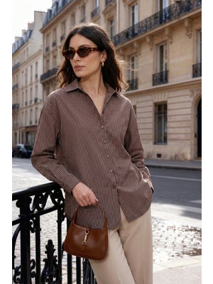 Lela Çizgili Oversize Fit Klasik Yaka Uzun Kollu Gömlek Bayan Gömlek 6925437