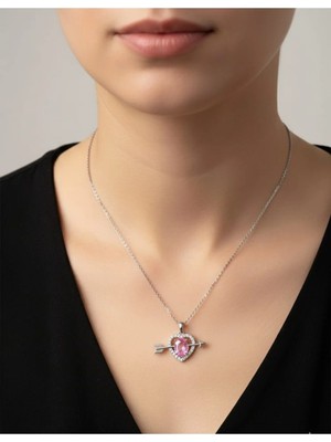 Glimz Jewelry Pembe Kalpli Eros Oklu Zirkon Taşlı Çelik Kolye