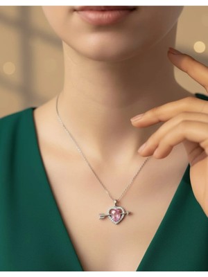 Glimz Jewelry Yağmur Bijuteri Pembe Kalpli Eros Oklu Zirkon Taşlı Çelik Kolye