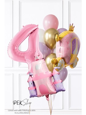 Pekshop Prenses Tema Doğum Günü Balon Seti Gold Pembe Lila Balon Demetli