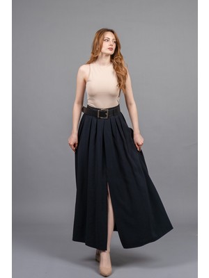 MissVina Kemerli Beli Lastikli Maxi Uzun Etek 6856