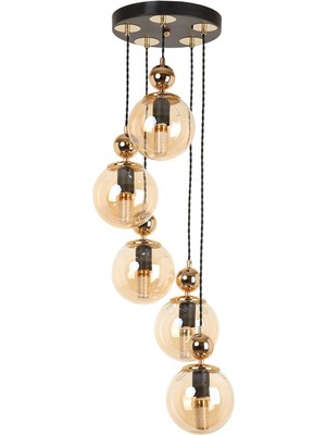 PremiumPort Şık Siyah Gold Bal Camlı 5'li Sarkıt Avize, Modern ve Zarif Tasarım