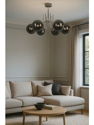 PremiumPort Modern Krom Füme Camlı 6'lı Oturma ve Yatak Odası Avizesi